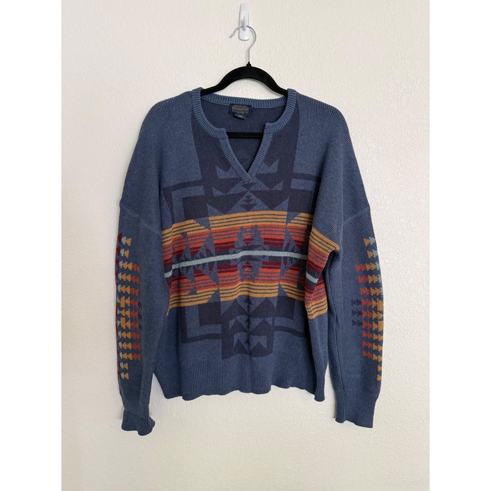 Pendleton Blue Cotton Southwestern Geometric Split Neck Sweater Large